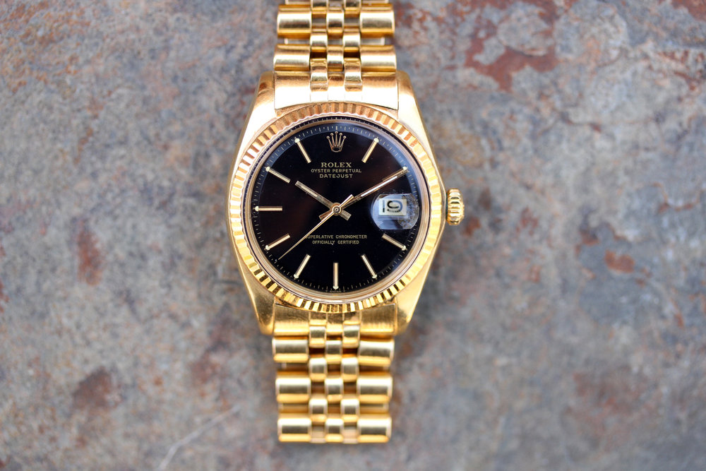 1974 Rolex DateJust ref. 1601 Solid 18kt Yellow Gold, Black Dial, Jubilee -  Lunar Oyster - Buying and Selling