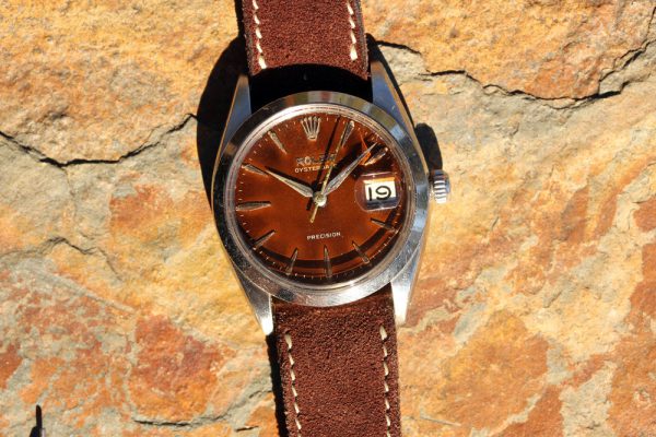 Alternative view of 1962 Rolex OysterDate 6694 Glossy Gilt Caramel Brown Dial, Dauphine Hands
