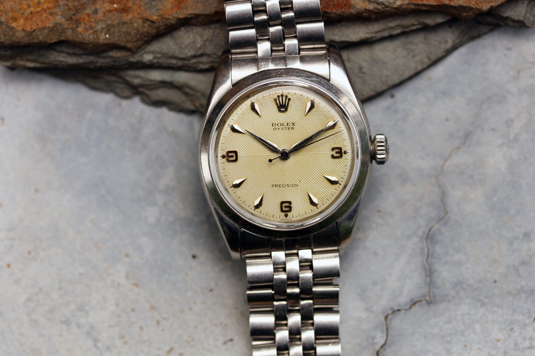 1957 Rolex Oyster Precision 6422 Wristwatch with Arabic numerals in Stainless Steel with Rolex Strap & Buckle