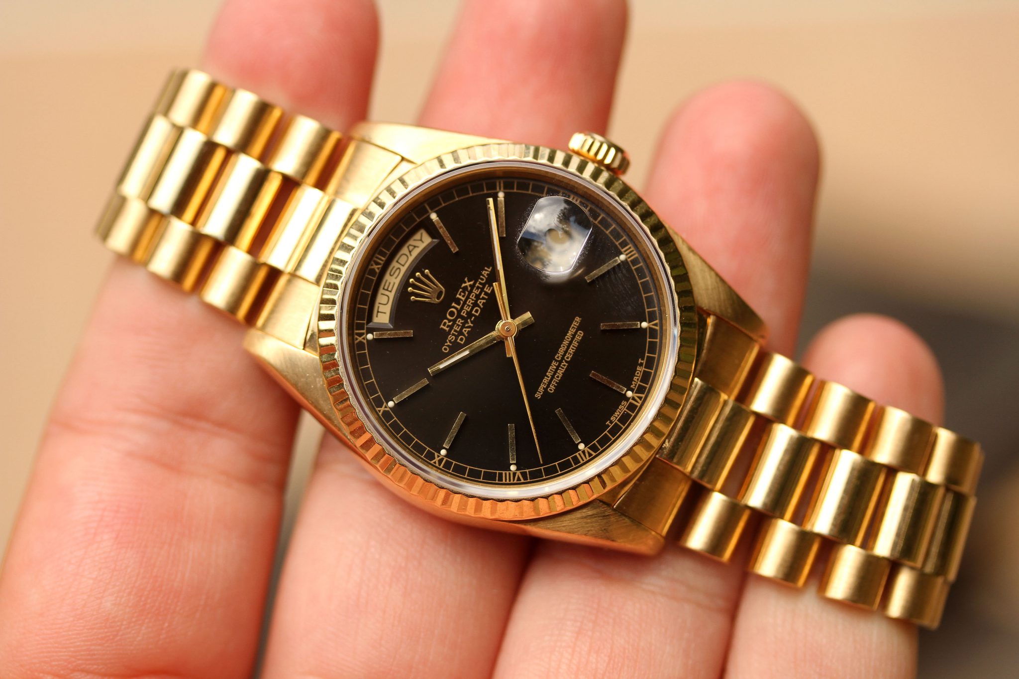 1989 Rolex Day-Date ref. 18238 36mm President Black Dial - Lunar Oyster ...