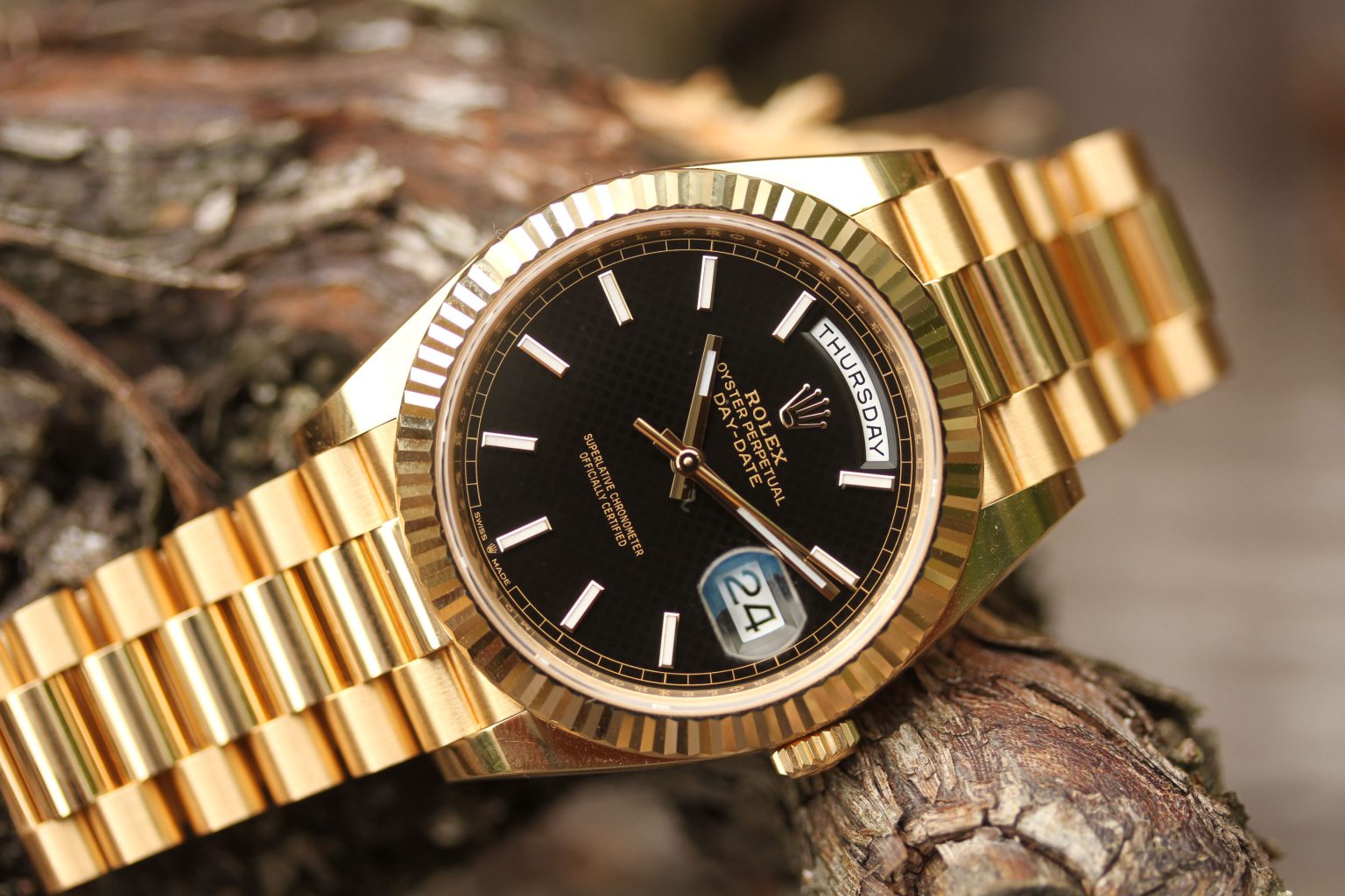 2021 Rolex Day Date Ref 228238 Black Diagonal Motif Dial 40mm
