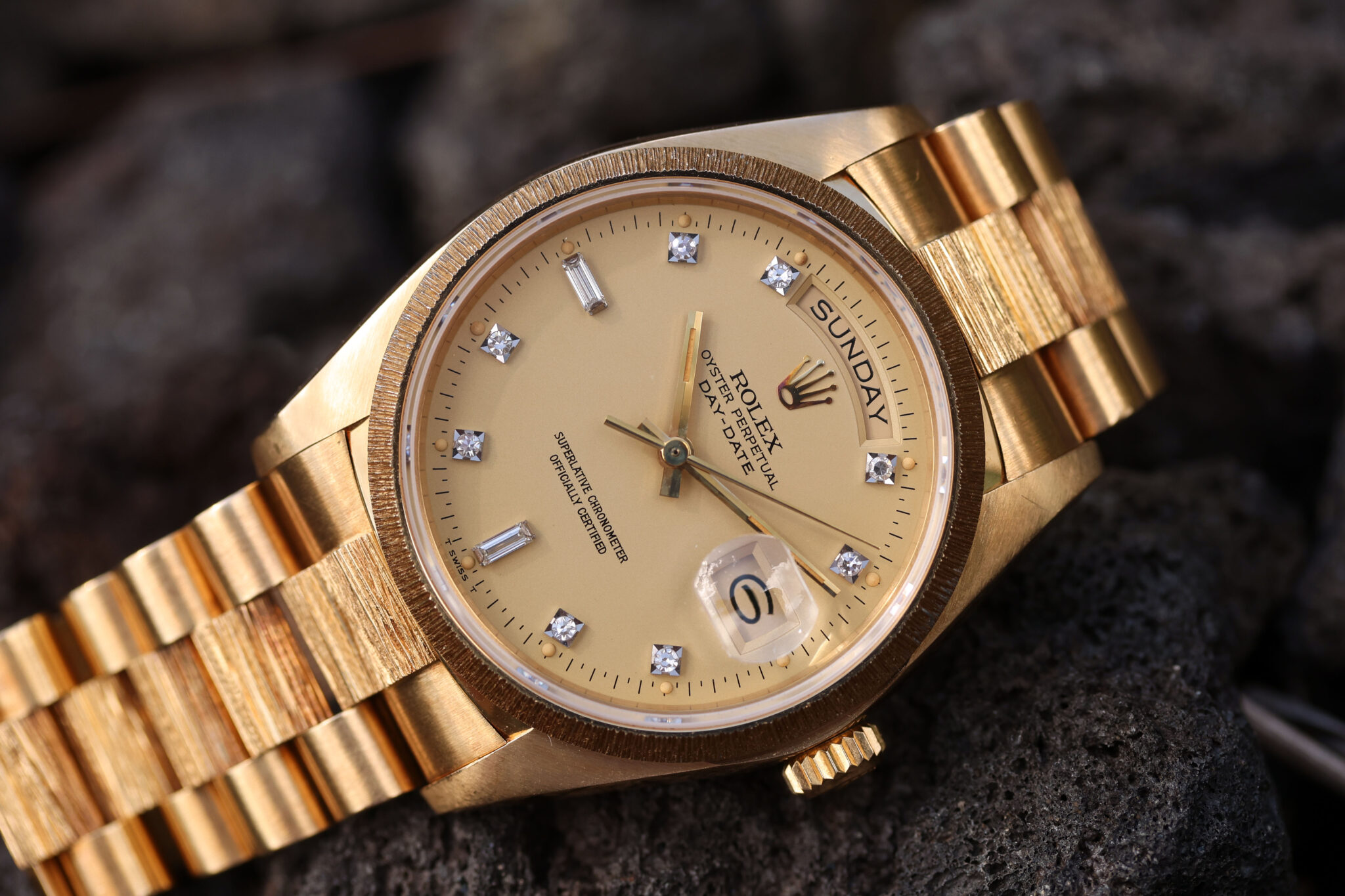 1980 Rolex Day-Date ref. 18078 Bark Finish, Top Condition, Diamond Dial ...