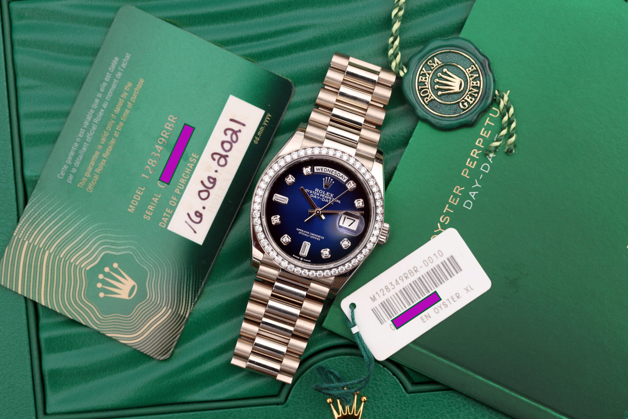 2021 Rolex Day Date Ref 128349RBR Blue Ombre Dial White Gold Lunar audemars-piguet-code-11-59-desk-clock-blue-dial-chronograph-version