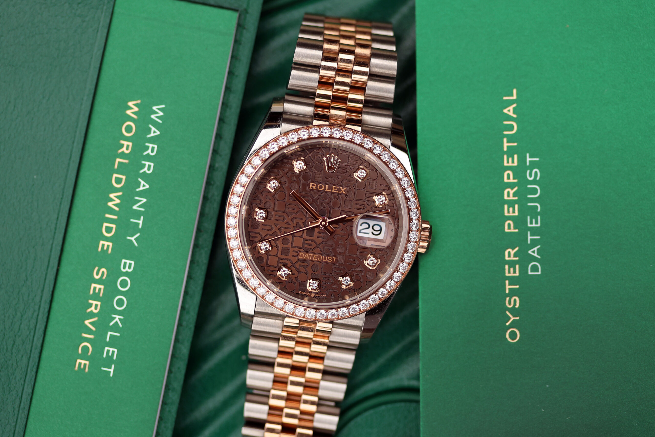 Rolex DateJust ref. 126281RBR Chocolate Jubilee Diamond Bezel Steel Rose Gold